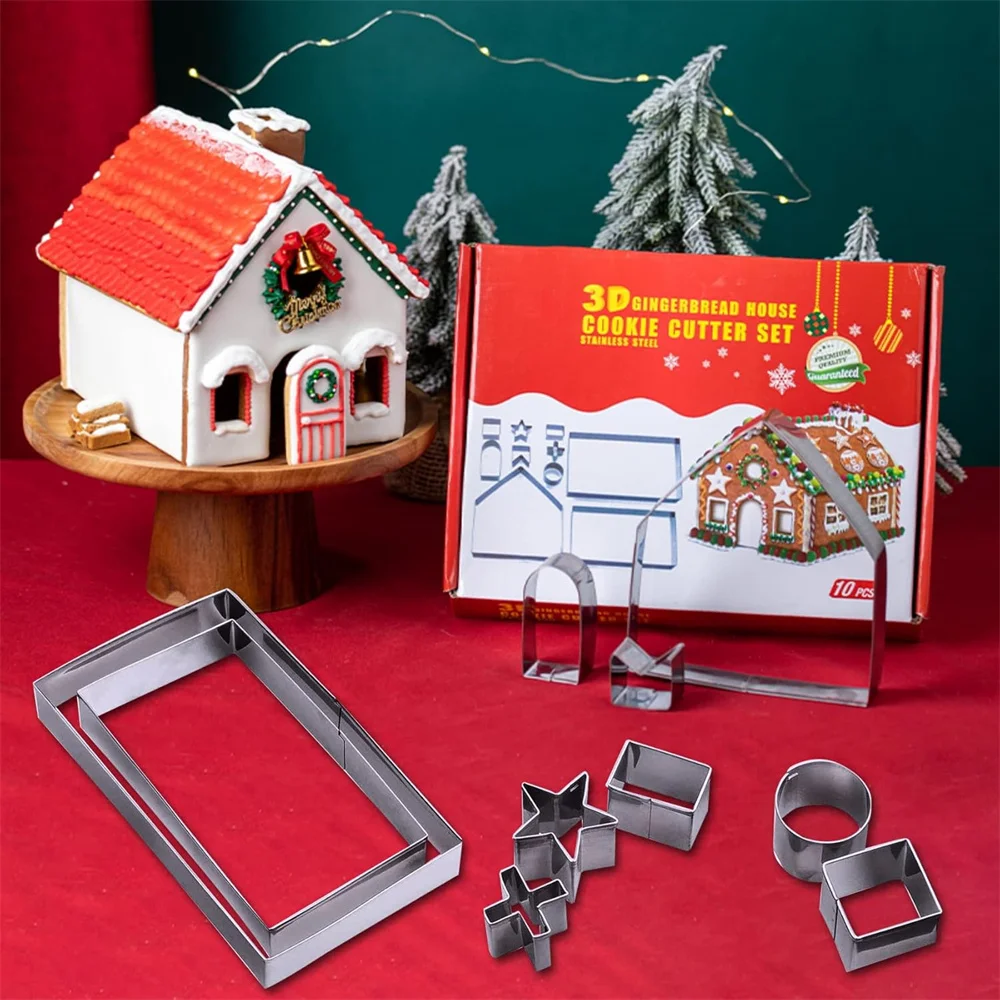 10pcs Gingerbread House Cookie Cutter Set Stainless Steel 3D Christmas House Fondant Biscuit Chocolate Mould Baking Accessories