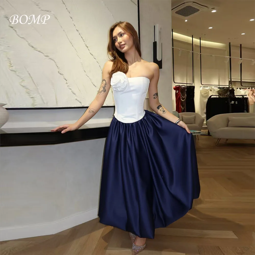

BOMP Elegant Contrast Dark Blue Evening Gown Rose Strapless Floor Length A-Line Satin Formal Occasion Party Gown Customized