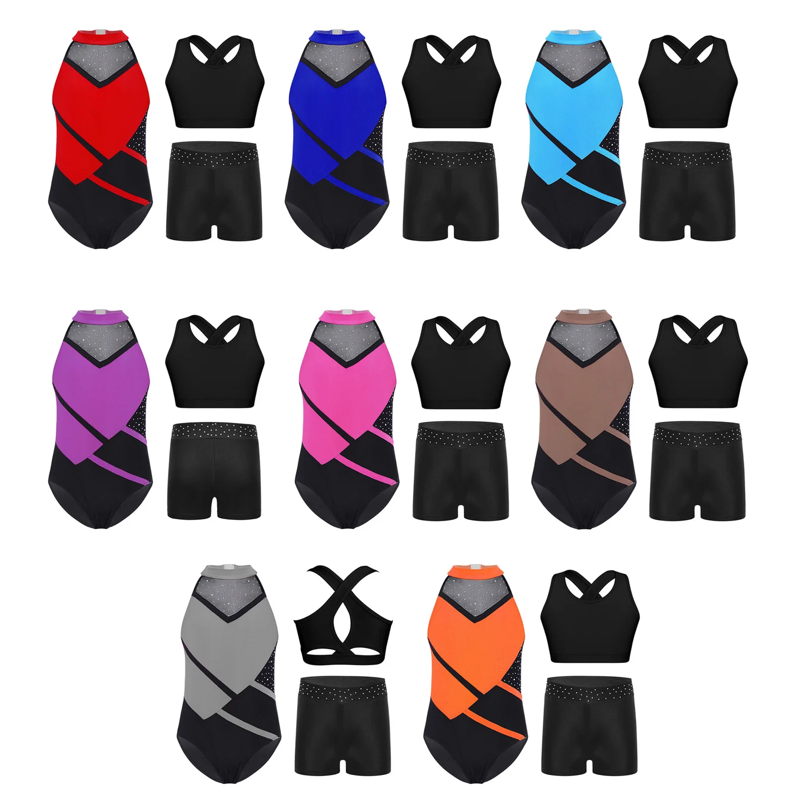 Kids Girls Ballet Dance Sets Gymnastics Performance Outfit Rhinestones Leotard with Cross Back Keyhole Cropped Vest and Shorts