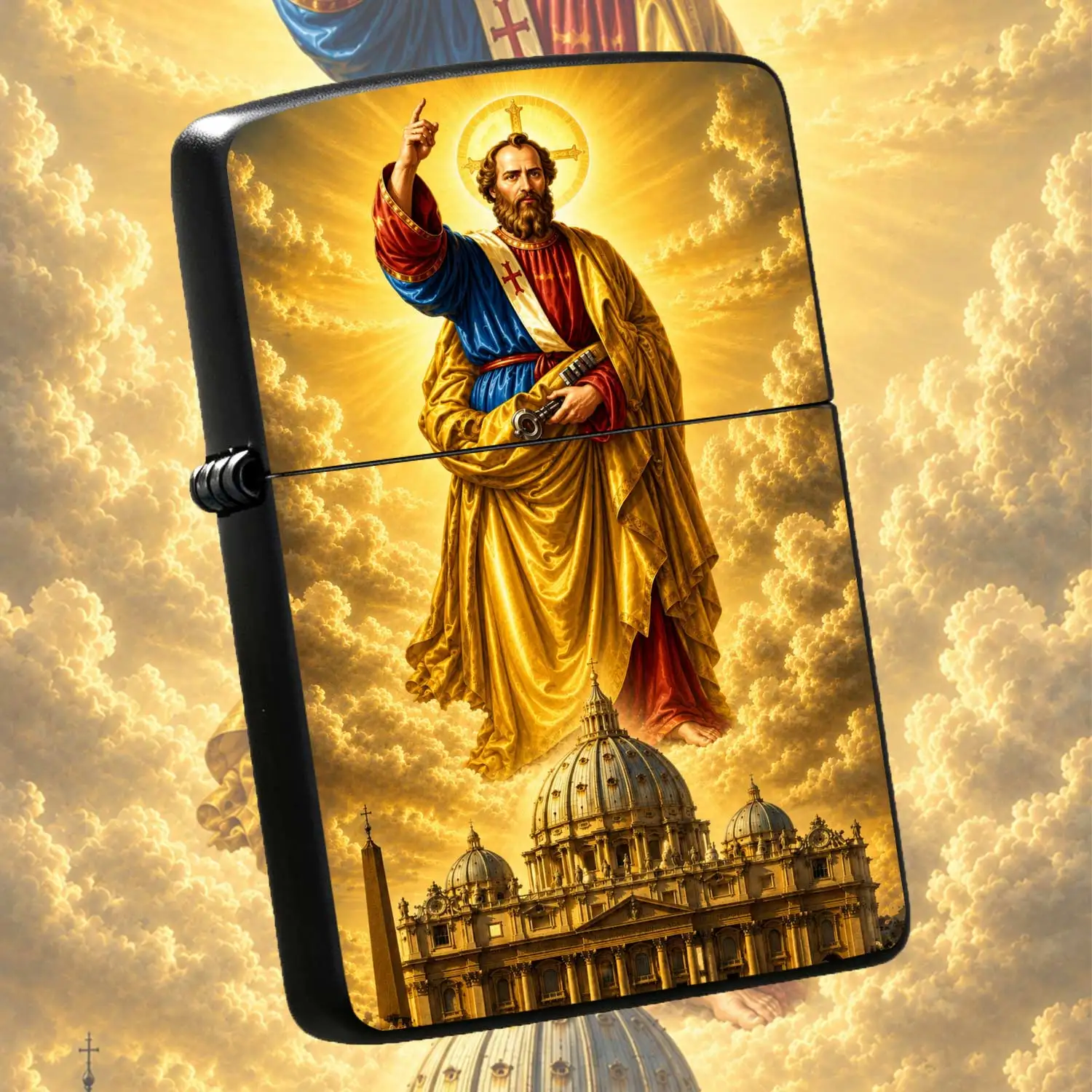 Reusable Flip-Top Pocket Metal Windproof Lighter, Featuring St. Peter Themed Religious Art Pattern, Classic Retro Design, Refillable Fuel Tank, Portable Compact Size, Premium Textured Body, Ideal for Daily Use, and Gift-Giving Occasion