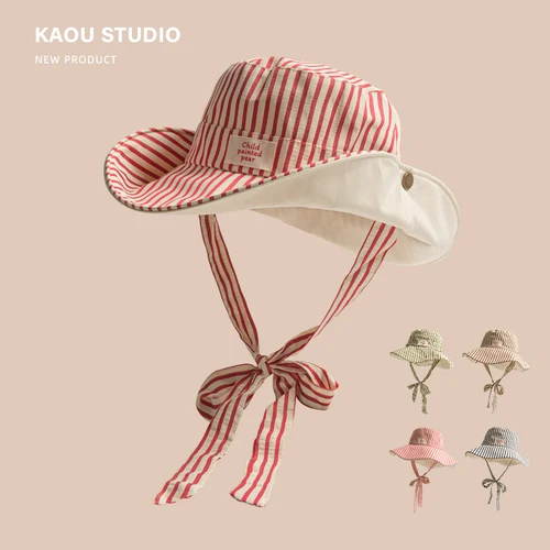 Sombreros de sol de ala grande a rayas Retro para mujer, versión coreana Ins, protector solar de viaje de verano, sombrero de cubo con correa de moda versátil