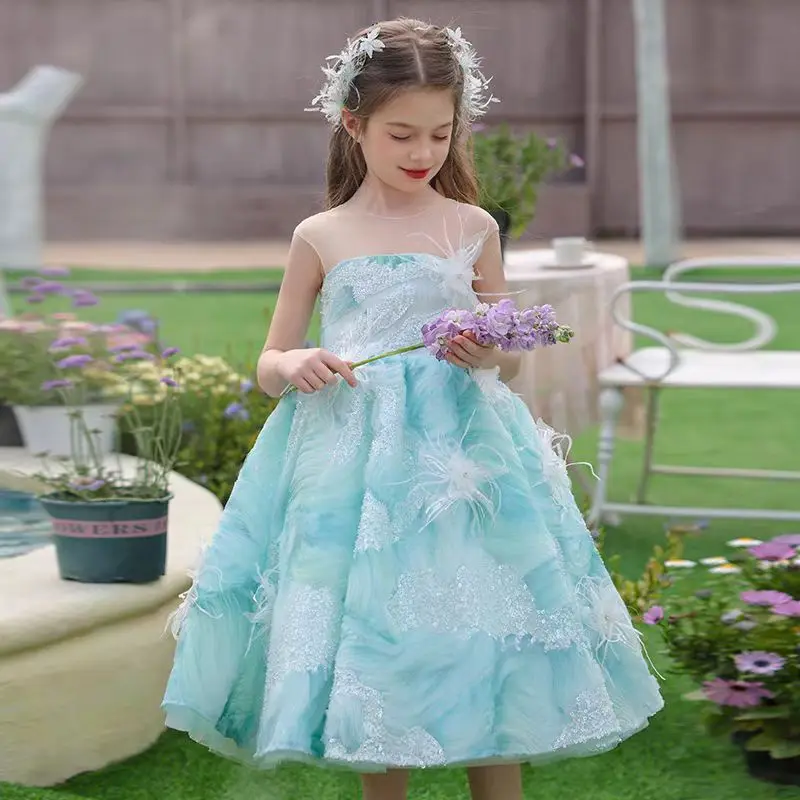 Jill Wish J501 Luxury Turquoise Feathers Flower Girl Dress Princess Kids Wedding Pageant Birthday Performance Party Prom Gown