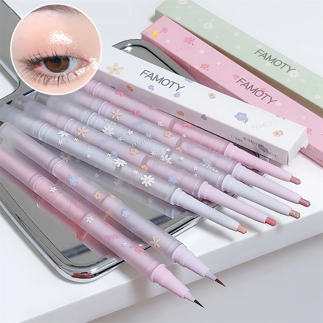 Double Headed Silkworm Pen Glitter Eyeshadow Stick Eyeliner Pen Matte High-gloss Pink Golden Eye Liner Pen Makeup Brighten Tool