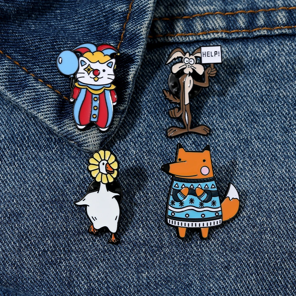 4 Styles Funny Cartoon Animal Cosplay Enamel Brooches Cute Clown Cat Sweater Fox Flower Duck Design Pins For Women Badge
