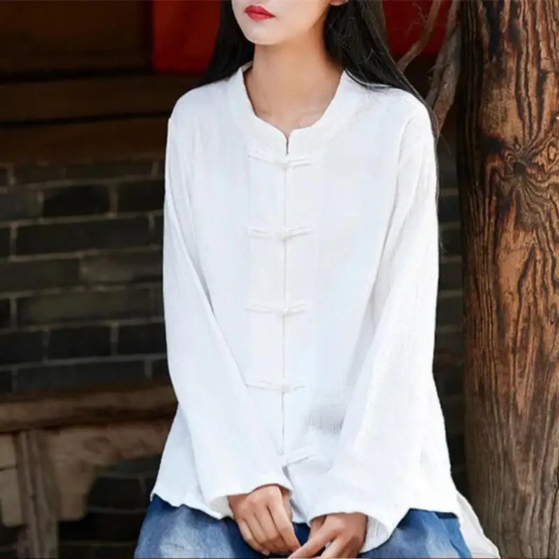 Women's plus Size Cotton Linen Button-Up Shirt Vintage Chinese Style Casual Long Sleeve Top for Spring/Autumn