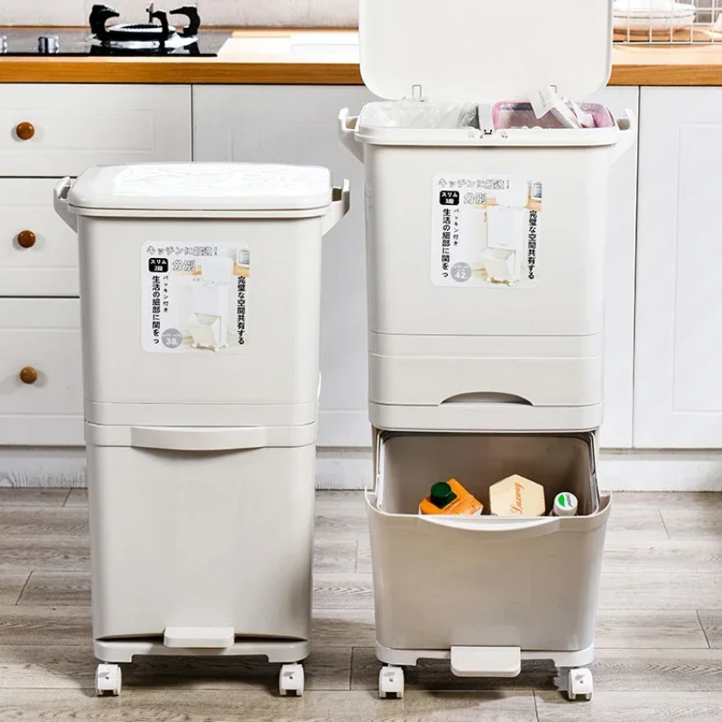 Pedal Type Trash Can Dry and Wet Separation Sorting Layered Storage Box with Partition Household Trash Bin with Wheels