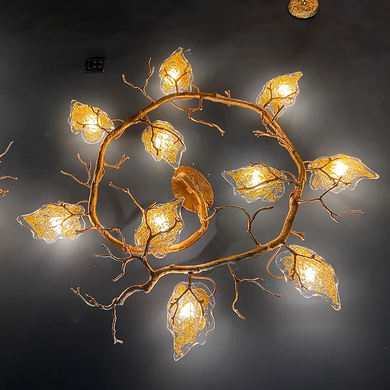 Post Modern Bedroom Maple Leaf Ceiling Lamp All Copper Branch Lamp Creative Glass Leaf Lamp Villa Living Room Model Room Lamp