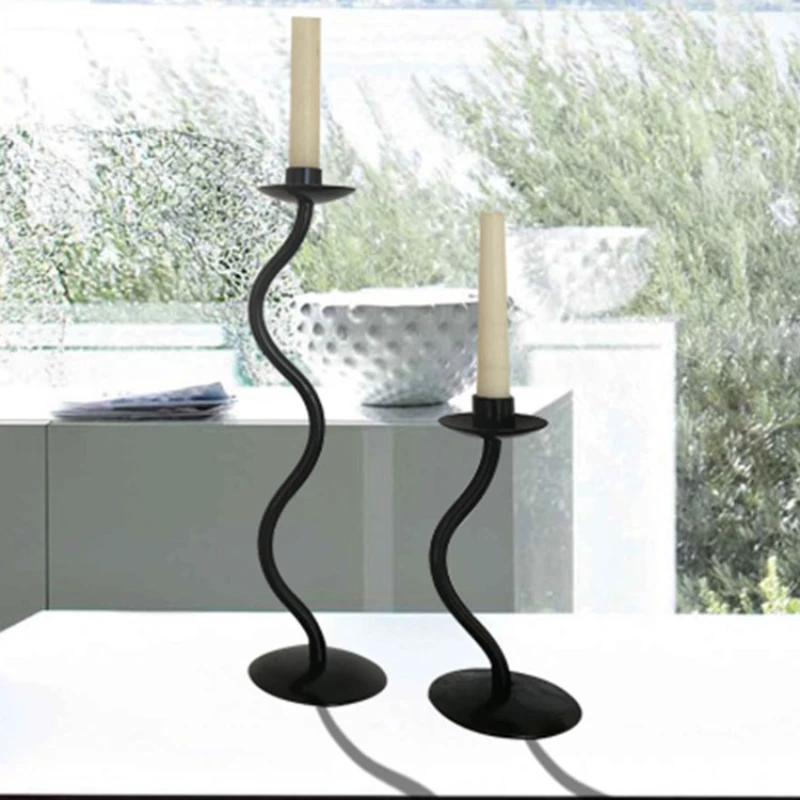 Set of 2 Vintage Hand-welded Candlestick Candelabra Black Metal Wavy Candel Holder Retro Candlestick Wabi-sabi Home Decoration