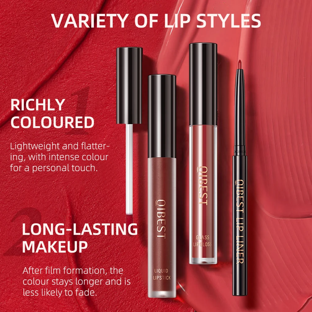 QIBEST 3pcs Liquid Lipstick+Lip Liner Set Makeup Nude Velvet Lip Gloss Long Lasting Non-stick Cup Red Lip Tint Cosmetics Kit