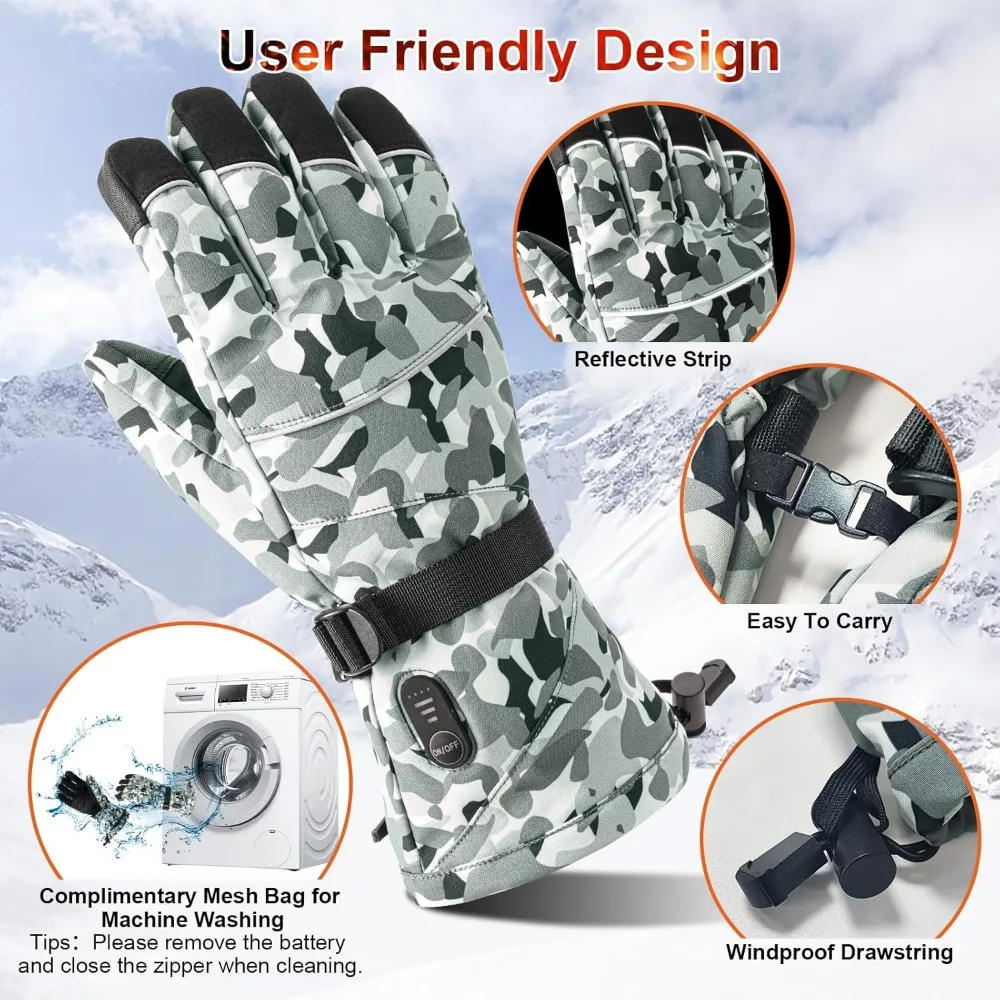 Gants chauffants rechargeables avec 3 niveaux de chauffage et bandes réfléchissantes pour le ski, le patinage et la pêche