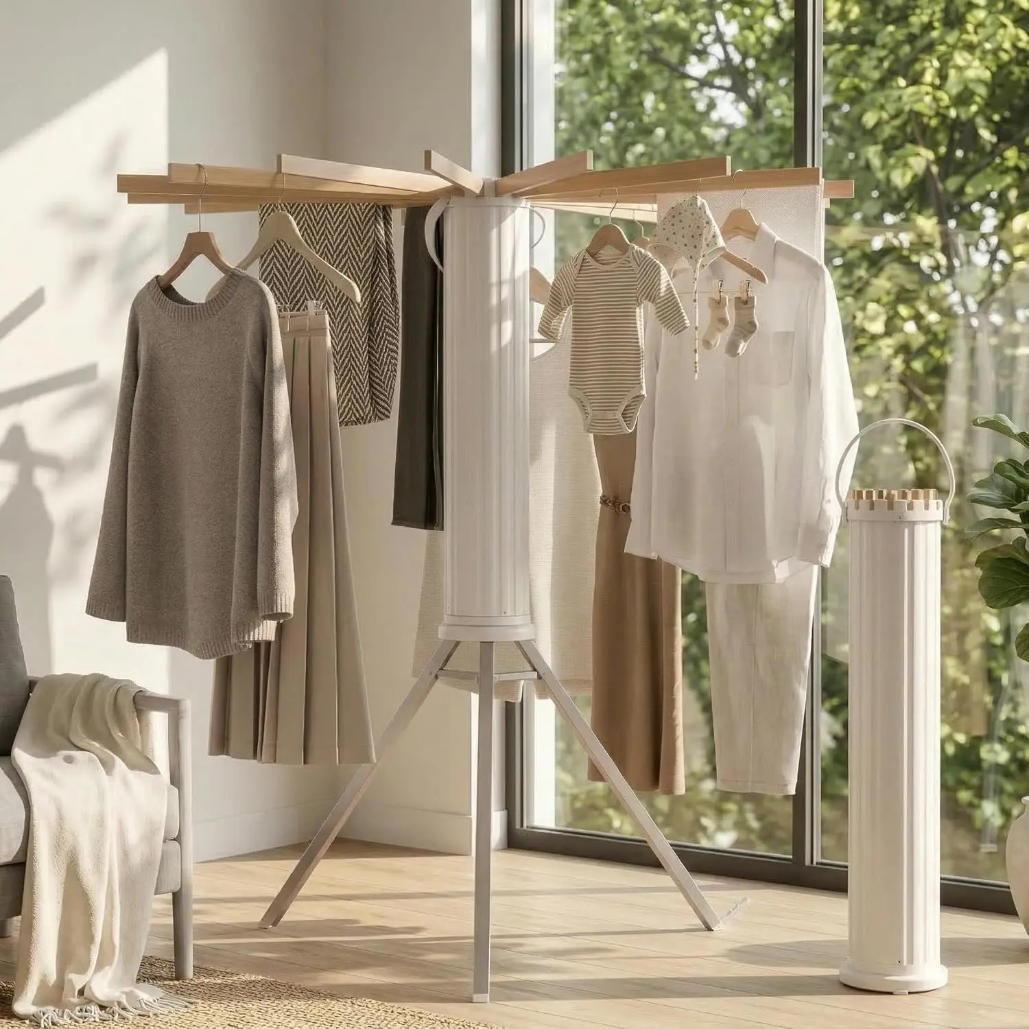 Tendedero Plegable con 16 Varillas de Madera y 3 Patas de Aluminio para Uso en Interiores y Exteriores