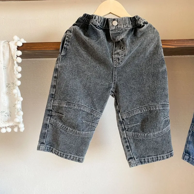 Nuovi jeans dritti patchwork tinta unita per ragazzi e ragazze primaverili Pantaloni in denim casual allentati per bambini