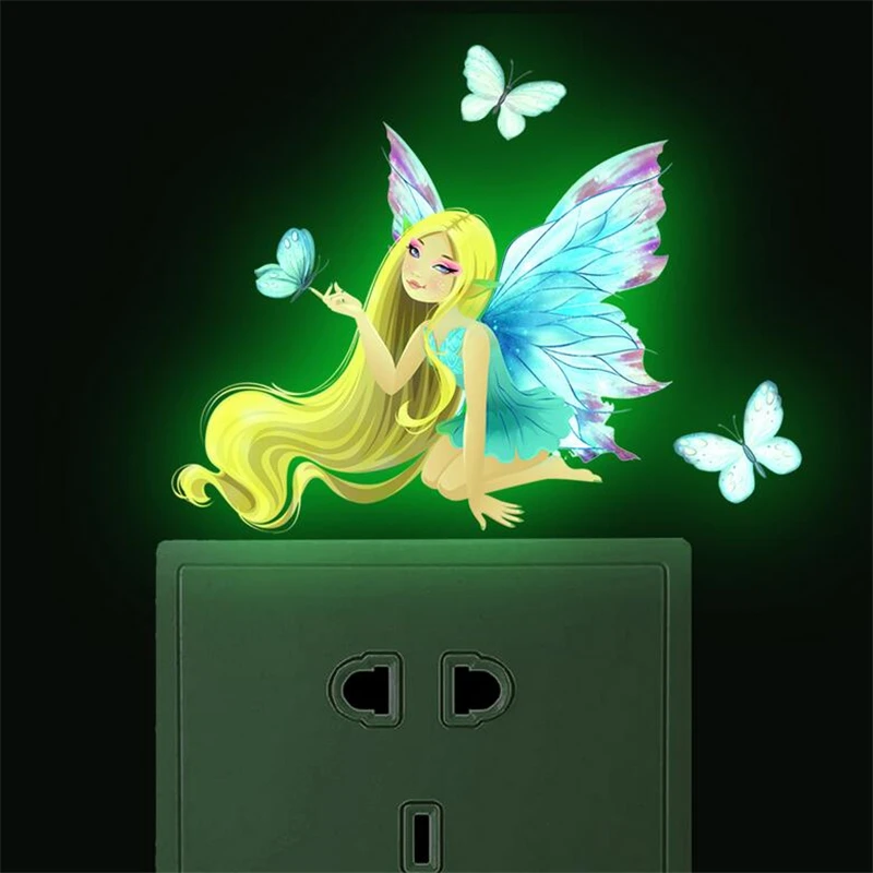 Cartoon Switch Warning Label Fairy Butterfly Luminous Wall Sticker Elf Switch Luminous Sticker Wall Decoration Of Princess Room