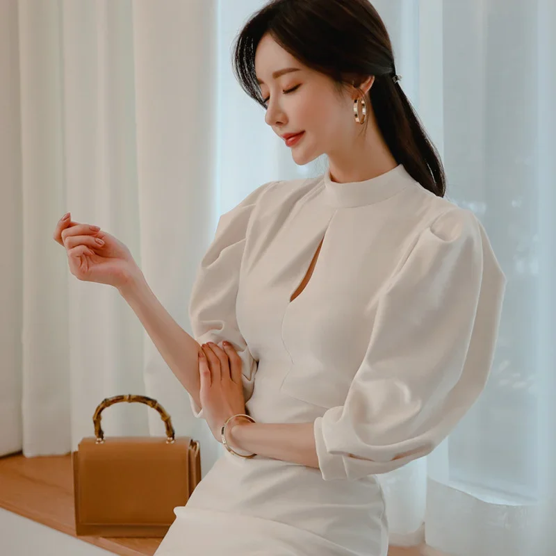 

Lantern Sleeve Dress for Women Hips One-step Skirt Stand Collar White Dresses 3/4 Sleeves Spring Body-fitting Elasticity Slim