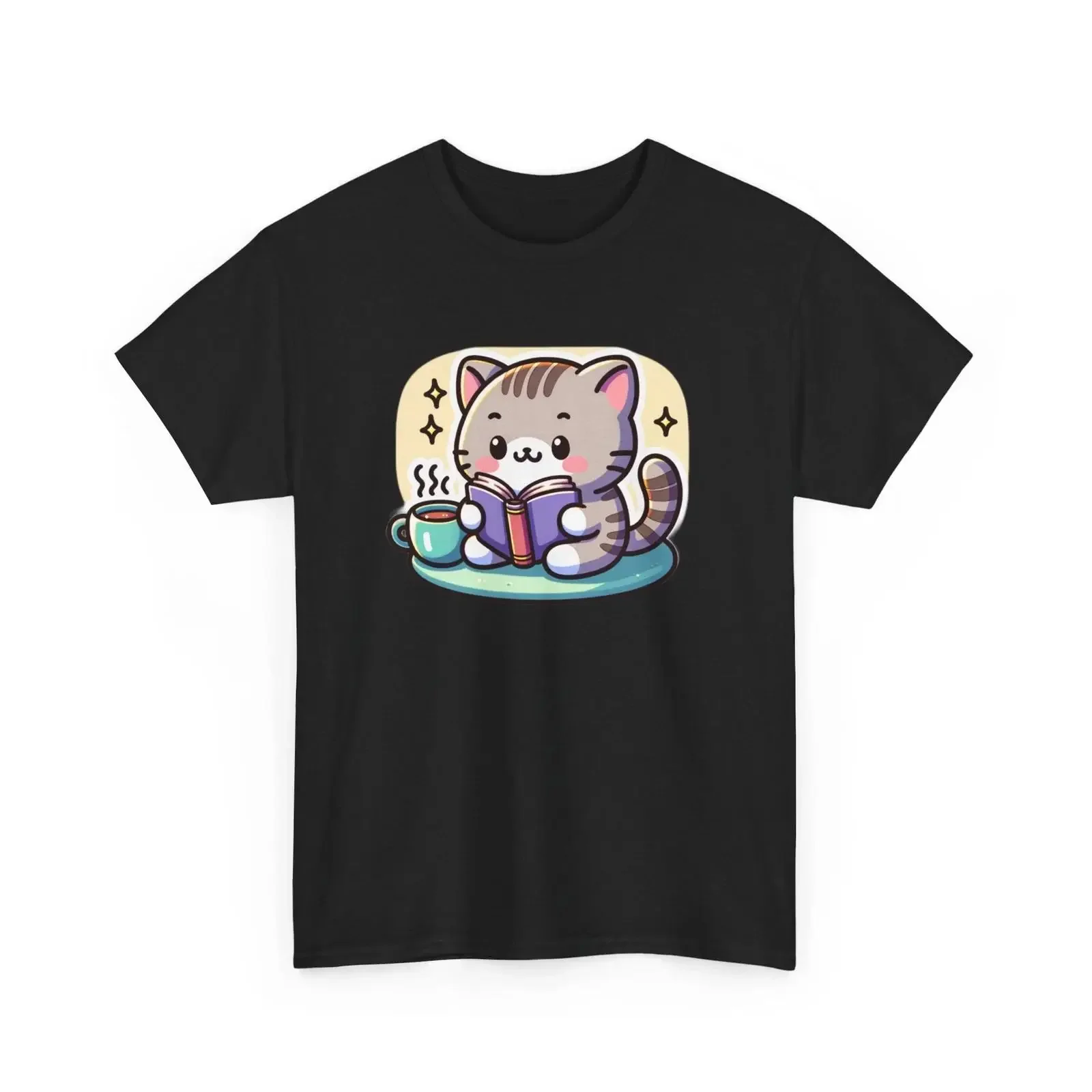 Adult T Shirt Kawaii Cartoon Sticker Cat Book Tea Coffee College Student Study vintage Washed Soft Breathable graphic Versatile