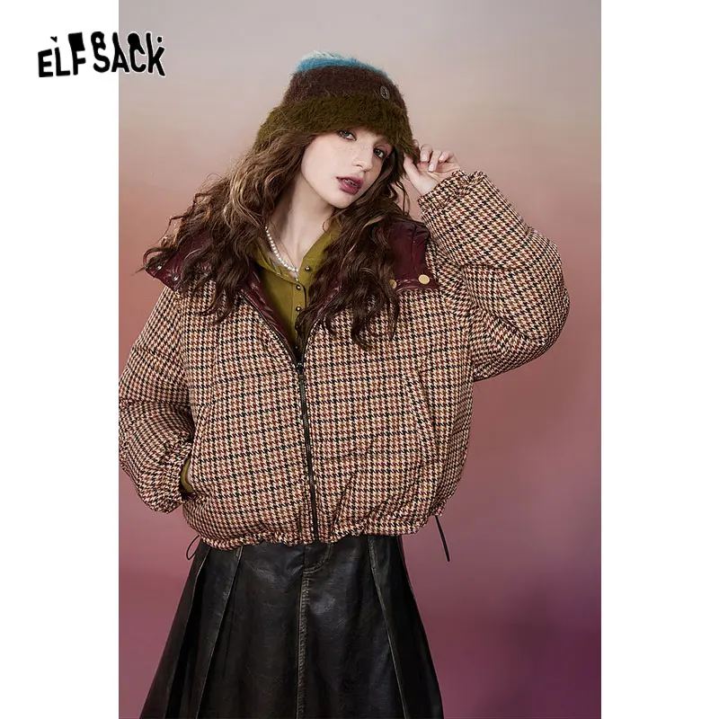 ELFSACK 2000s Retro Houndstooth Down Coats Women 2023 Winter New Designed Jackets