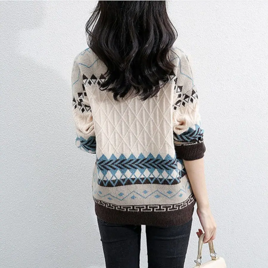 Retro Sweater Women\'s New Autumn and Winter Round Neck Pullover Knitted Sweater Loose Sweater Long Sleeved Women