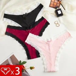 3pcs Plus Size XL-4XL Lace Solid Women Panties Low Waist Breathable Comfortable Female Sexy Briefs Bow Underpants