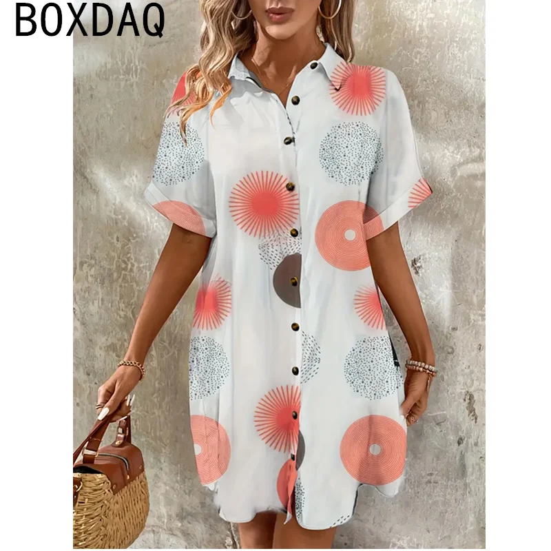 Women's Shirt Dress Big Size Summer Short-sleeved Lapel Mini Shirt Dress Fashion  Single-breasted 3D Floral Printed Casual Dress