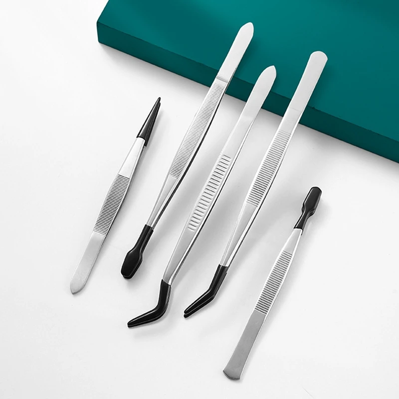 5 Pieces Tweezers With Rubber Tips Tweezers PVC Coated Tweezers Set, Rubber Straight Tip/Flat Tip/Long Bent Tweezers