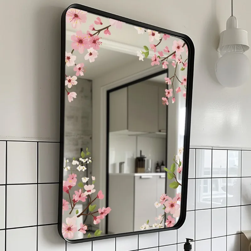 Pegatina de Pared con Espejo de Flores de Durazno Rosa, Adhesivo de PVC Autoadhesivo para Puerta de Vidrio, Ventana, Baño, Sala de Estar, Decoración Romántica para el Hogar ​
