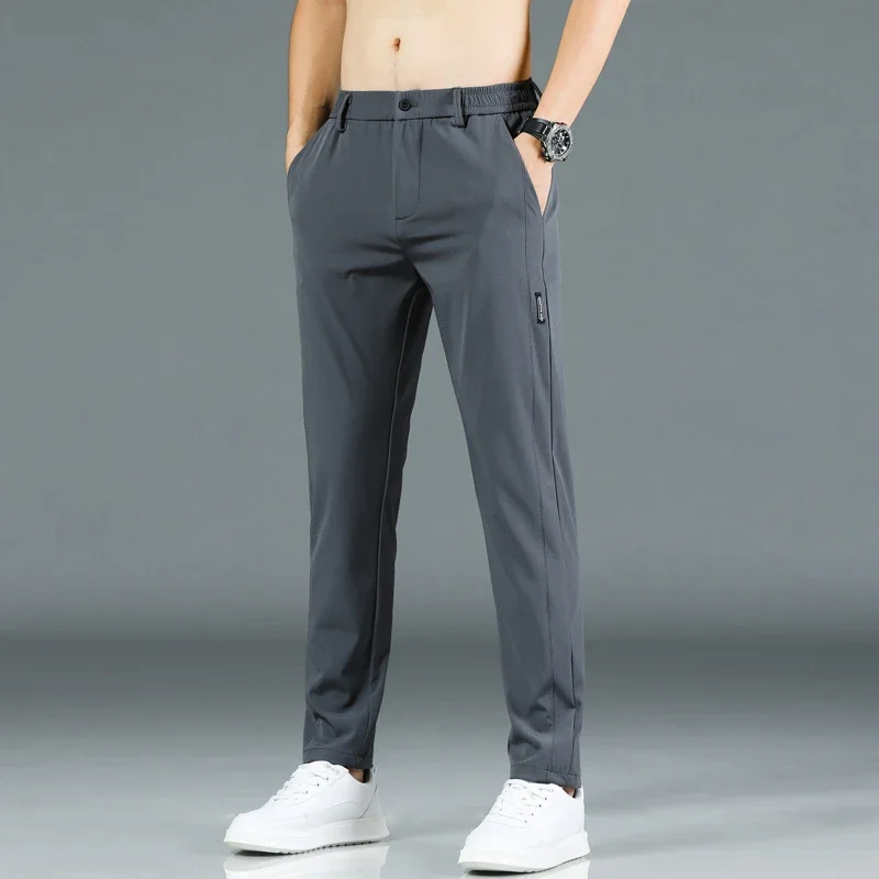 2024 Summer New Thin Ice Silk Stretch Men\'s Pants Casual Elastic Waist Smooth Trouser Pants Male Brand Clothing 5 Colour