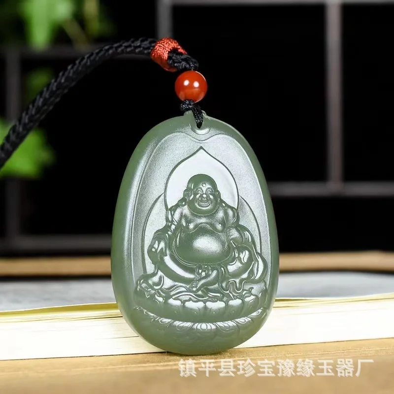 Hetian Lake Green Guanyin Laughing Buddha Jade Pendant