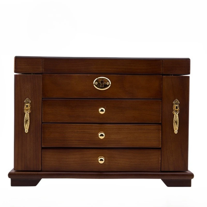 صندوق مجوهرات من الخشب الصلب مرآة القرط صناديق تخزين القلائد الفاخرة الرجعية سوار عرض القضية مع قفل منظم المجوهرات