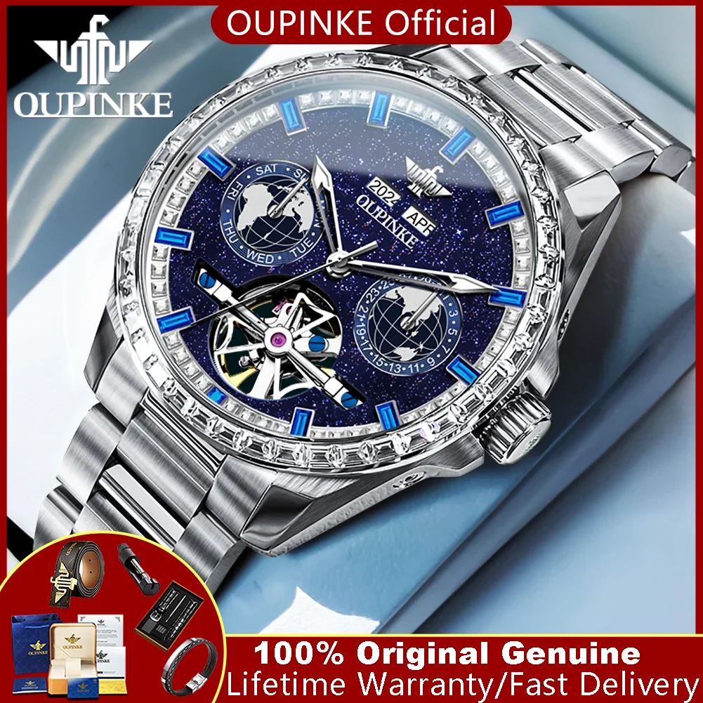 

OUPINKE 3280 Luxury Man Watch Diamond Bezel Hollowed Automatic Mechanical Watch for Men Starry Sky Skeleton Flywheel Men's Watch