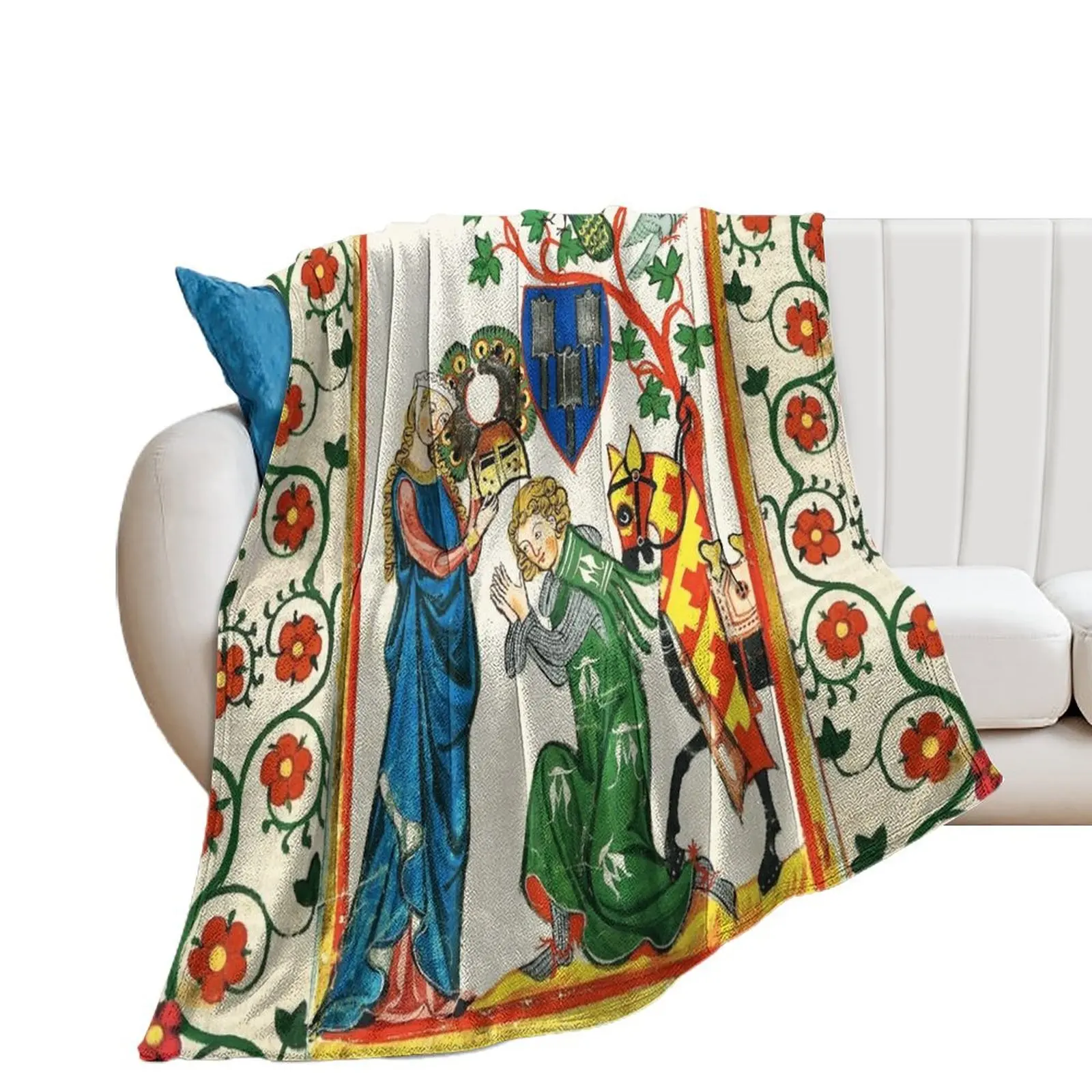 

KNIGHT BEING ARMED BY HIS LADY ,MEDIEVAL MINIATURE WITH WILD ROSES Throw Blanket Moving Baby Decorative Throw Blankets