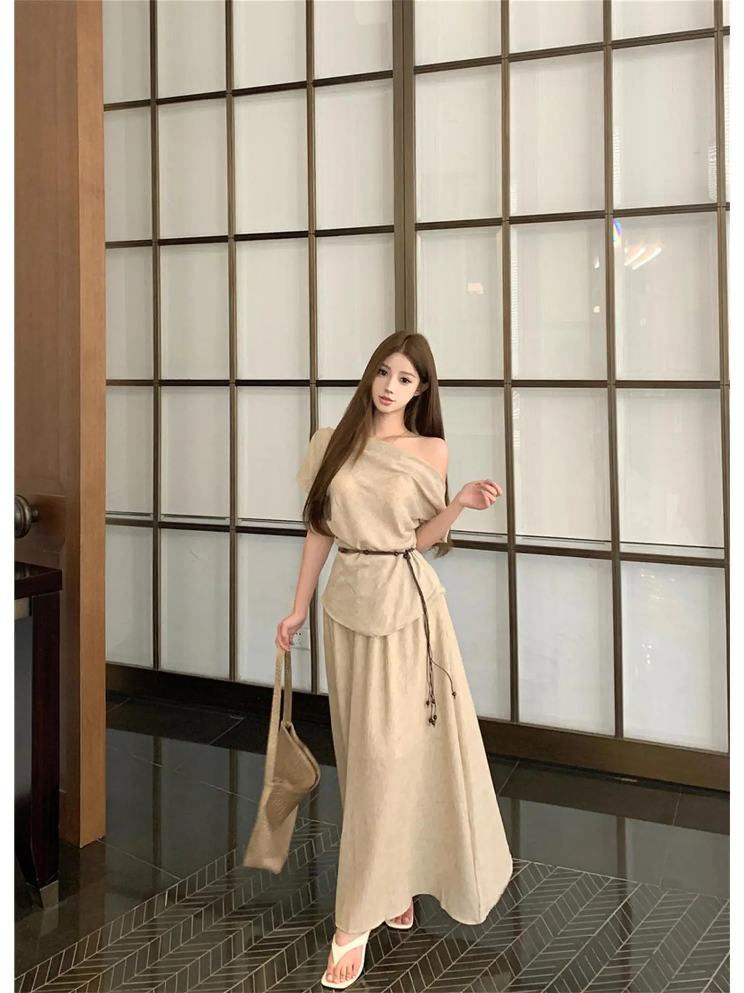 

Summer Vacation Style Women's Matching Set High Waist Long Dress Short Sleeve T-Shirt Casual Loose Fit Two-Piece Ensemble