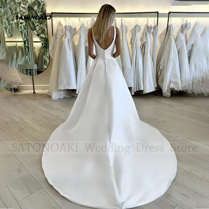 Elegant Simple Square Collar Satin Wedding Dress for Women A-Line Backless Side Split Bride Gown Vestido De Novia Robe Mariée