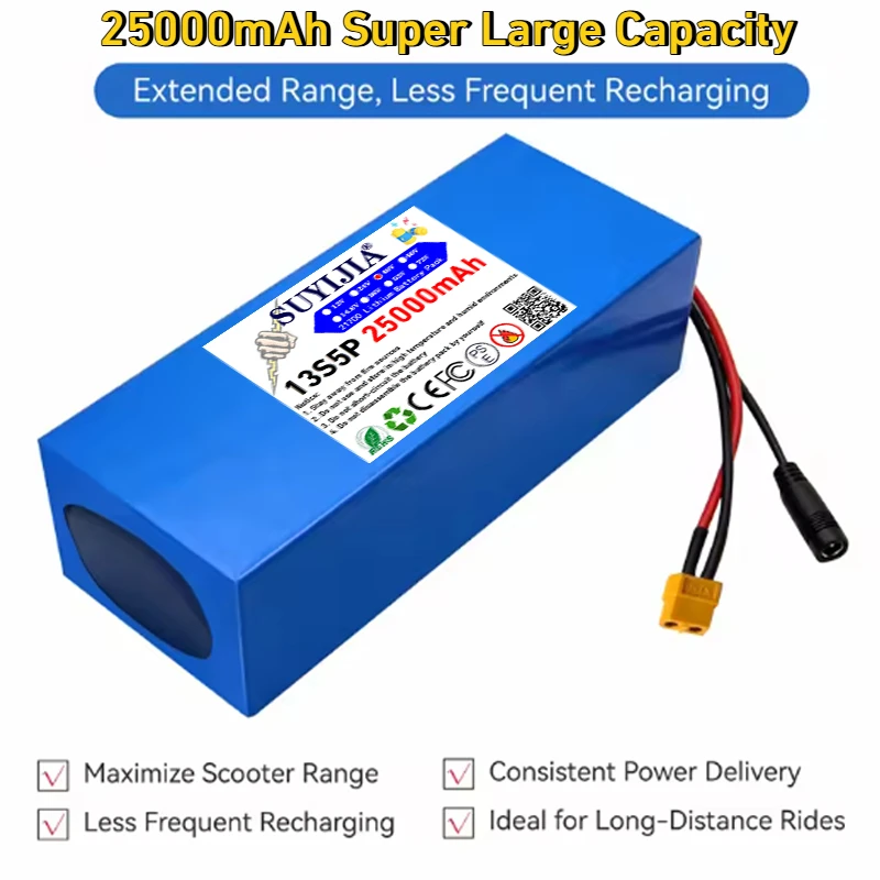 48V 25000mAh new 21700 13S5P lithium battery pack 1000W high power battery for electric bicycles, electric scooter batteries
