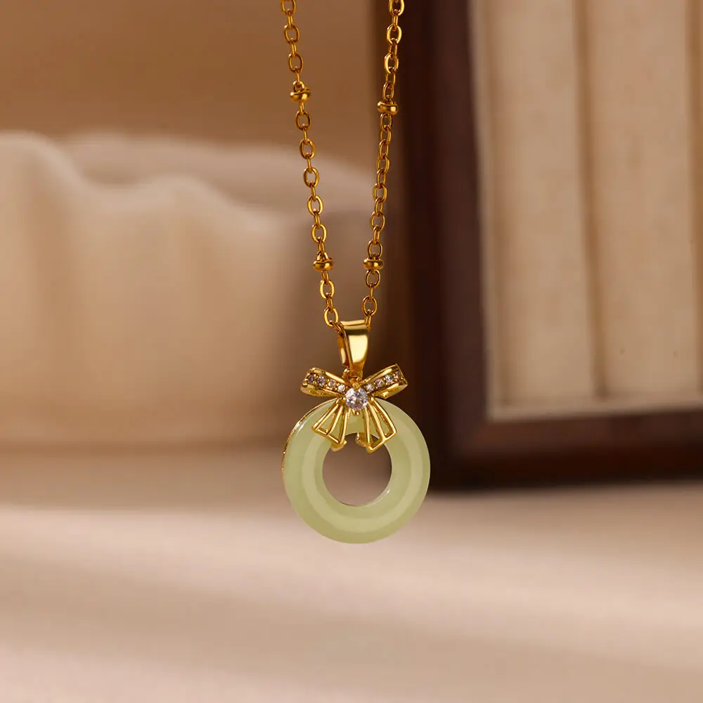 Vintage Butterfly Round Stone Necklaces For Women Stainless Steel Gold Color Circel Stone Pendant Necklace Wedding Jewelry Gift