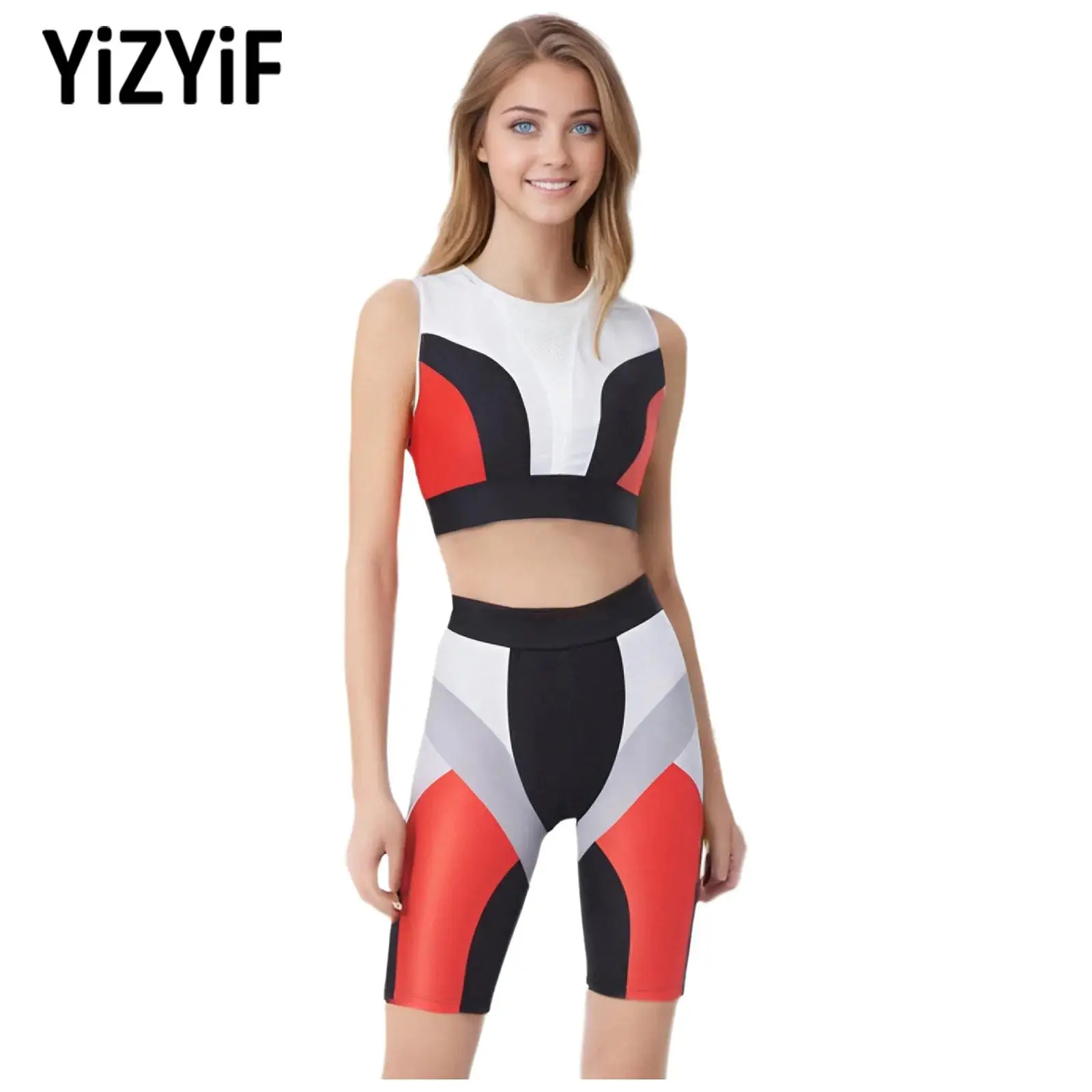 女性用ノースリーブヨガトラックスーツ,ジムスーツ,総合トレーニング,スポーツセット,トップスとショーツ,カラーブロック,ファッション