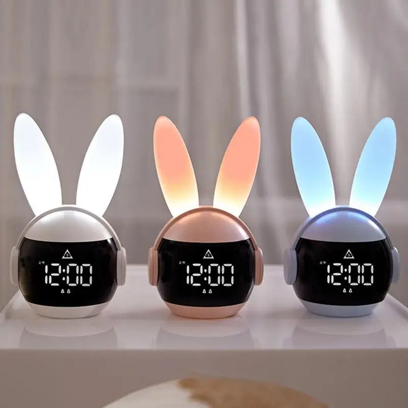 Rabbit Alarm Clock Rainbow Animal Lamp Three Ways Wake Up Rechargeable Bedside Clock Creative Timing Night Light For Bedroom