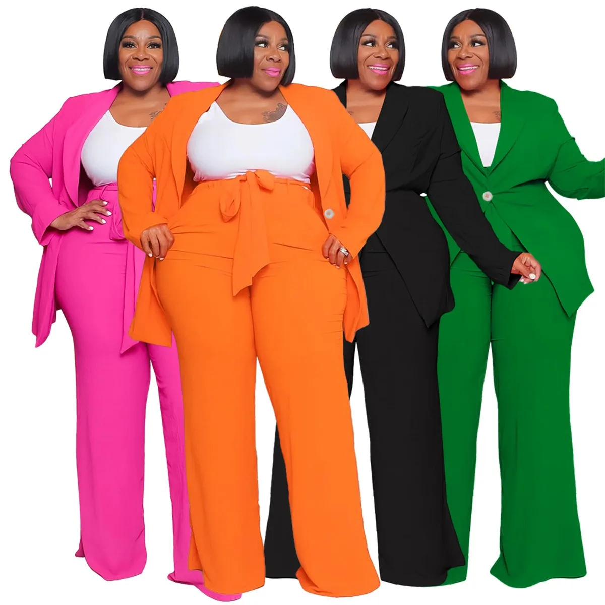 L-4XL 2024 African Plus Size Women Clothing Two Piece Sets Solid Color Casual Business Elegant Loose Pant Suits Dropshipping