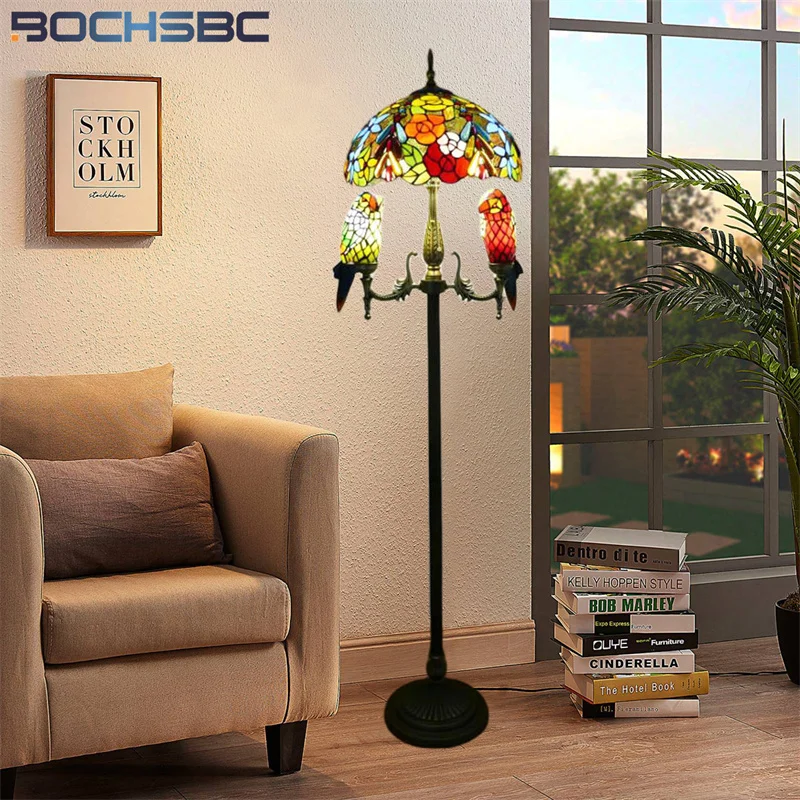 BOCHSBC Tiffany stained glass butterfly Parrot retro floor lamp for living room bedroom standing lamp study cafe LED decor