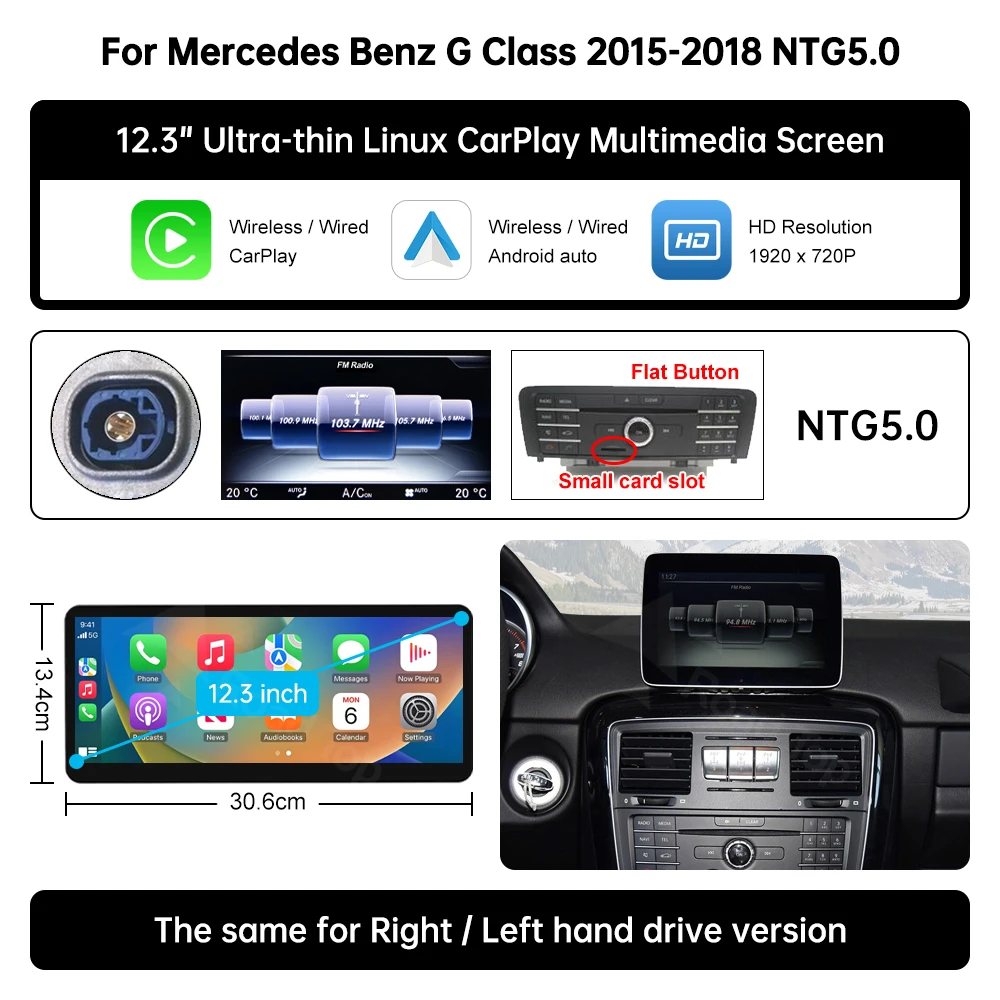 12,3'' Multimedia-Display-Bildschirm mit kabellosem CarPlay für Mercedes-Benz GLC A C V Klasse W205 W176 W447 CLA GLA G Klasse W463 NTG5.0
