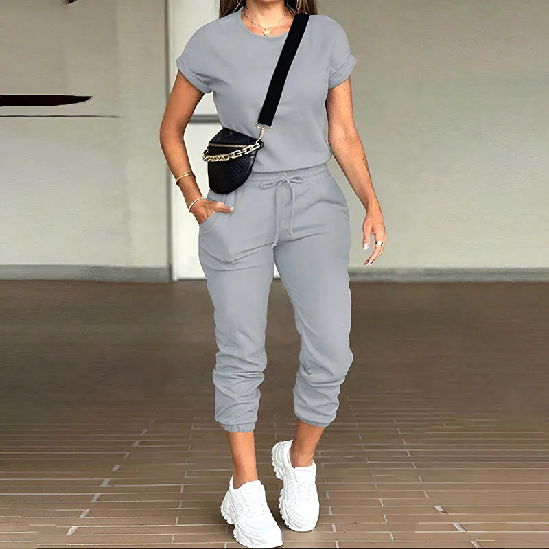 2 Pieces Outfit Women Casual O Neck Short Sleeve Top and Pocket Design Drawstring Pants Set Female solid color sport suits