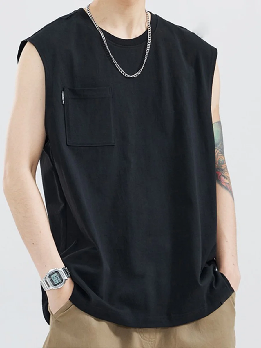 

Trendy Cotton American Svel Top Men's oulder T-irt Vest ket Bla Loose Large Size Casual ort T-irt