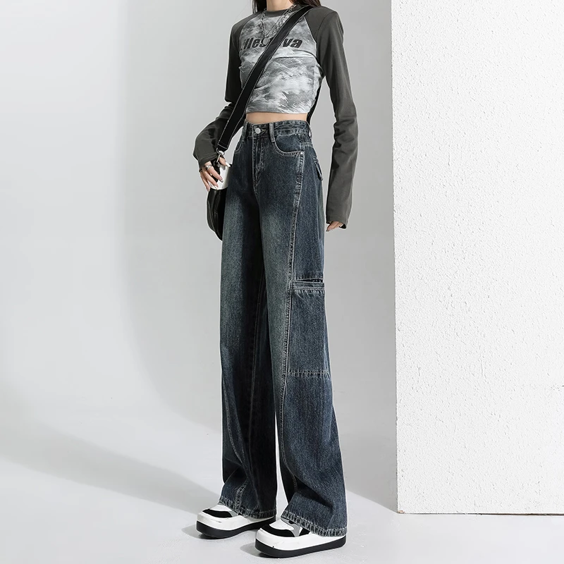 Blue Vintage Cargo Denim Pants For Women Fashion Design Sense Straight-leg Streetwear  2023 Jeans Female Clothing