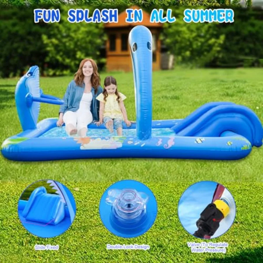 Backyard inflatable kiddie pool with water slide and sprayers thickened PVC blue for toddlers and play ball hoop view 5