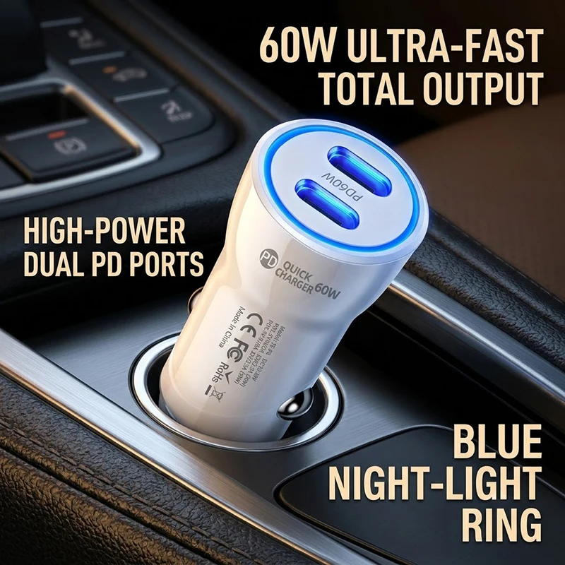 60W High Power Dual Type C Port Car Charger Fast Charge Adapter Constant Temperature Multi Protection Works With Mobile Phone