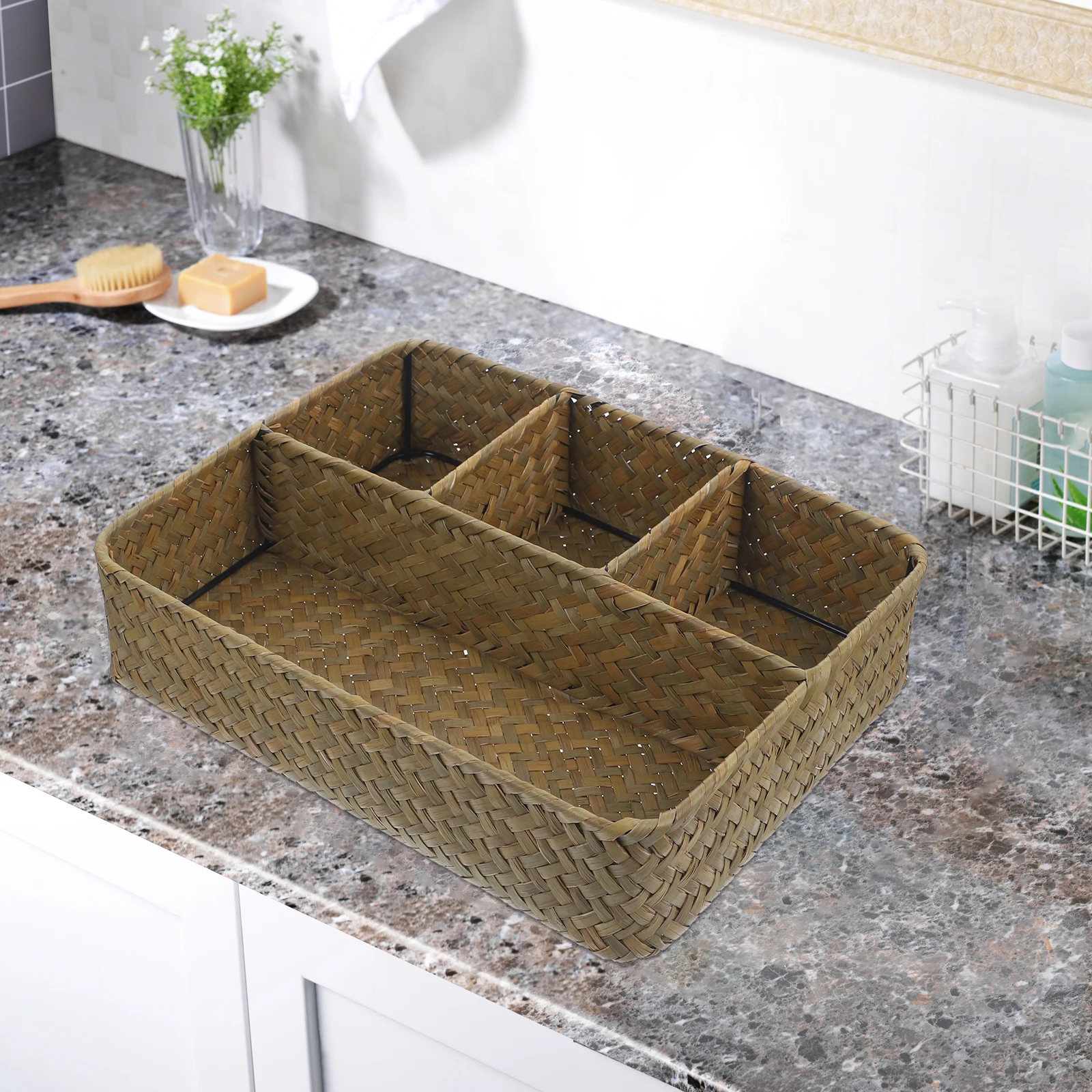 

Rustic Storage Basket Handwoven Cattail Grass Tea Coffee Organizer Countertop Station Bag Holder Divided for Sugar