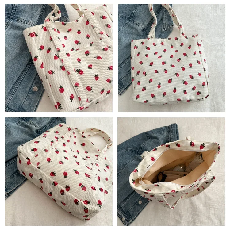 Borsa a tracolla Casual con motivo a fragola borse a tracolla da donna di grande capacità borse semplici Chic borsa per la spesa in Nylon grande borse universitarie