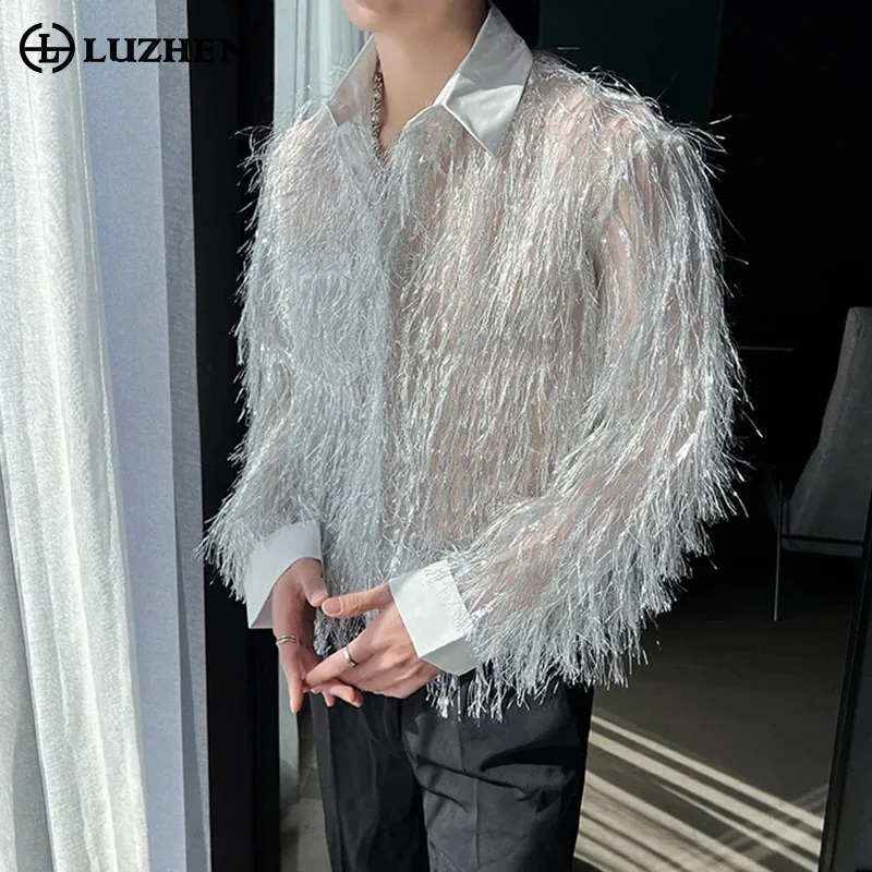

LUZHEN длинные 2024, новые модные элегантные лоскутные рубашки с рукавами и кисточками, мужские красивые темпераментные стильные повседневные топы JY2607