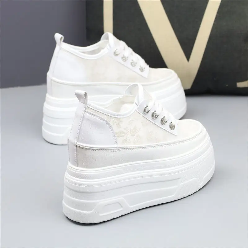 Fujin 10cm 12cm 14cm Air Mesh Leather Chunky Sneaker Heels Breathable Pumps Summer Fashion Sandals Platform Wedge Hollow Shoes