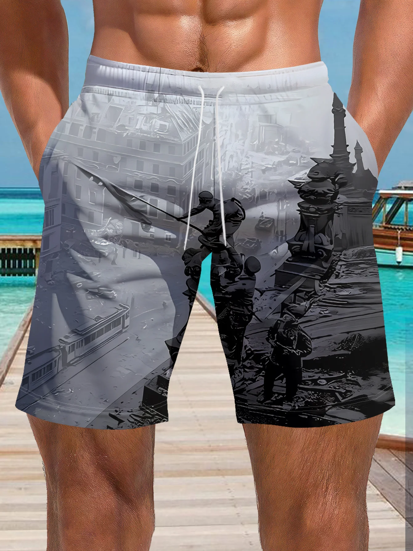 Mens Dark Tropical Floral Palm Print Quick Dry Drawstring Waist Beach Shorts Swim Trunks 2026