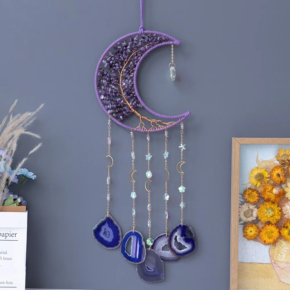 Purple Crystal Stone Dream Catchers 7 Chakra Gemstones Home Decor Handmade Natural Agate Moon Dream catchers Garden Wall Hanging